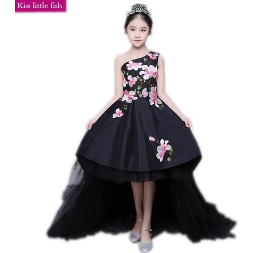 Free Shipping High Quality Black One Shoulder Little Girls Pageant Dresses Flower Girl Pageant Ball Gown