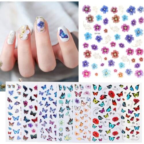 1Pcs 3D Butterfly Nail Stickers Colorful Rose Flowers Leaf Transfer Sliders Decals Foils Wraps Decorations Manicure Tips