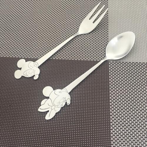 Stainless Steel Cartoon Kids Spoon Creative Baby Spoon Fork set Mickey Minie Dessert Salad Ice cream Coffee Spoon Xmas Gif
