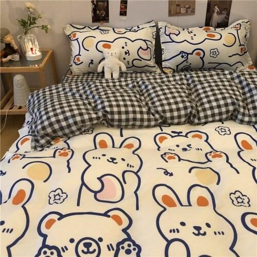 Kids Bedding Set with Quilt Duvet Cover Flat Sheet Pillowcase Cute Rabbit Bear Printed Boys Girls Single Full Queen Bed Linen