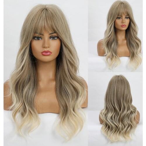 Long Water Wavy Synthetic Wigs Omber Brown Blonde Womens Wigs Natural Cosplay Daily Wigs with Bangs Heat Resistant Fake Hair