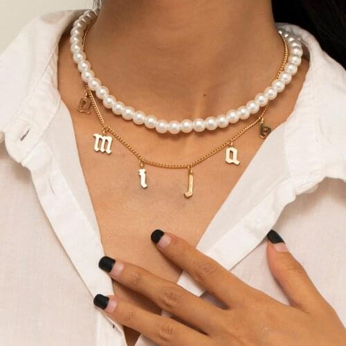 European and American simple personality jewelry with multi-layer imitation pearl chain letter pendant tassel female necklace