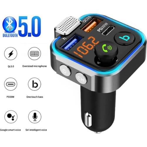 LENCENT Bluetooth 5.0 FM Transmitter Car Music Player Deep Bass Hi-Fi Sound Bluetooth Radio Adapter Dual USB 20W Quick Charge