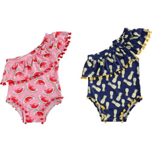 FOCUSNORM 0-5Y Baby Girl Swimsuit Tassels One Shoulder Watermelon / Pineapple Printed Beachwear