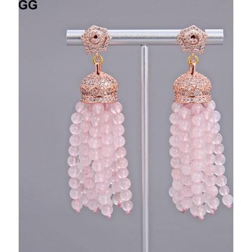 GG Jewelry Natural Rose Quartz Crystal CZ Pave Rose Gold Color Plated Earrings