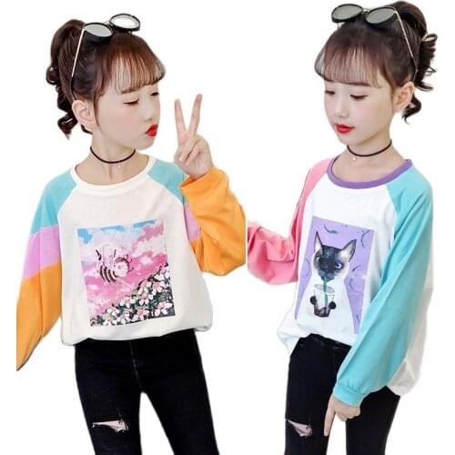 Girls Cotton Cartoons Sweatshirts Fashion Patchwork Yellow Sky Blue Long Sleeved 4 To 14 Year Old T-shirt Bottoming Tops