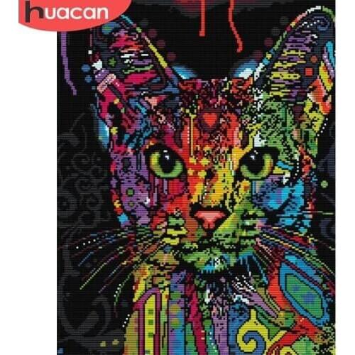 HUACAN Colorful Cat Embroidery Cross Stitch Sets White Canvas Needlework Handicrafts Cross Stitch Animal 14CT 11CT