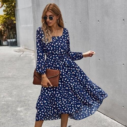 Classic Polka Dot Printing Elegant A-line Dress Square Collar Long Sleeve Autumn Women Dresses Fashion High Street Women Outfits