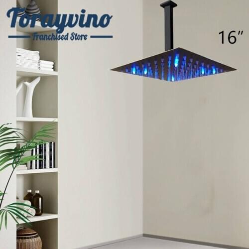 Bathroom led 16” square shower head with tube set Ceiling Mount matte black ducha de colores shower top rainfall spray mixer tap