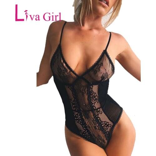 LIVA GIRL Black Lace Back Hollow Out Teddy Lingerie Woman 2021 Mesh See Through Sexy Slim Bodysuit Female Sling Bodycon Jumpsuit