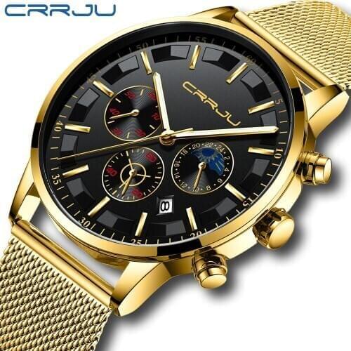 Top Brand CRRJU Men Mesh Quartz Watch Fashion Multi-function Chronograph Wristwatch Luxury Waterproof Moon Phase Date Clock