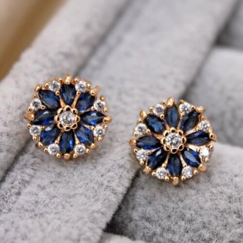 Fashion Stud Earrings for Women Gold Color flower Earring with navy Zircon Trendy Jewelry for Party Wedding Anniversary Gift