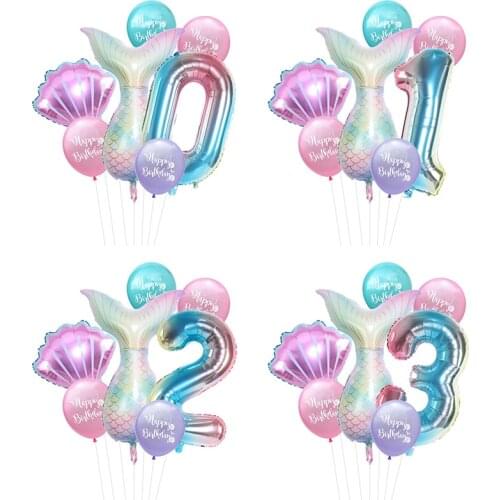 7Pcs Girls Mermaid Balloons Kit Birthday Balloons Baby Shower Party Decor Number Balloon Aluminum Foil Ball Globos Kids Toy Gift