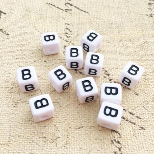 Newest 100PCS Cube 10*10MM Single Letter B Printing White Acrylic Alphabet Initial Square Jewelry Beads for Keyring Bracelet