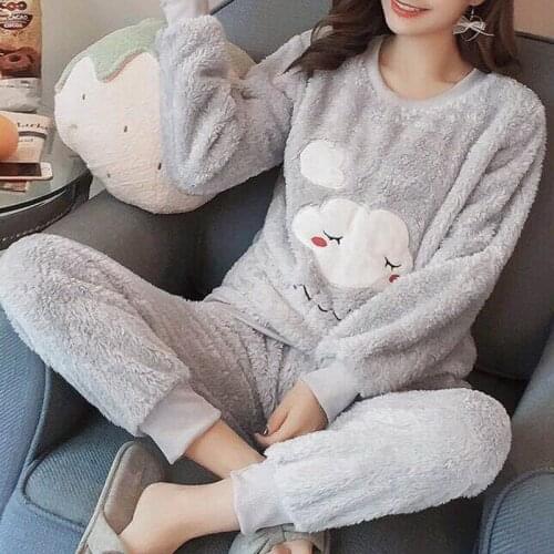 New 2021 Autumn Winter Warm Flannel Women Pyjamas Sets Thick Coral Velvet Long Sleeve Cartoon Sleepwear Flannel Pajamas Set Girl
