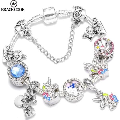Original Colorful Enamel Unicorn Bracelet Fine Bangle with Crystal Beads Charm Bracelet for Women DIY Fashion Jewelry