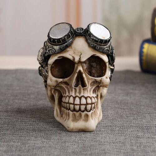 Steampunk Skull Pilot Aviator with Goggles Resin Ornament Halloween Skeleton Figurine Statue Home Gothic Decor Gear Sculpture