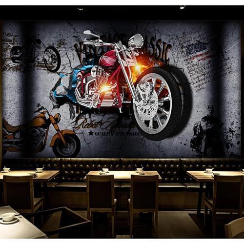 Custom 3D Wallpaper Retro Motorcycle Broken Wall Brick Murals Personality Bar KTV Background Wall Papers Vintage Papel De Parede