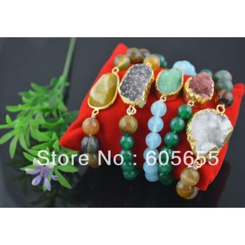Mix Bright Color Stone Round Beads Drusy Geode Crystal Quartz Charm Elastic Line Bracelets Fashion Woman Jewelry 5 pc per lot