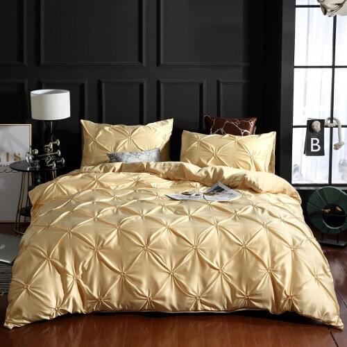 100% Washed Silk Luxury Bedding Cover Set Pull Flower Duvet Cover+Pillowcase 2-3PCS Soft Solid Bed Linens Nobel Golden