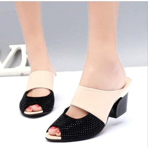 Women Sandals Square Heel 2021 Summer Shoes Woman Fashion Slides Cut-out Open Toe Slip On Mothers Sandals Female Bling Slippers