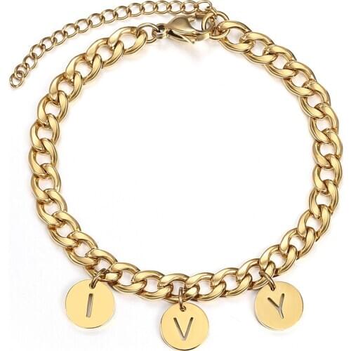 Chic DIY Statement Name Gold Stainless Steel Curb Chain Initial Letters Charms Bracelet for Women Men Jewelry Wholesale DB303