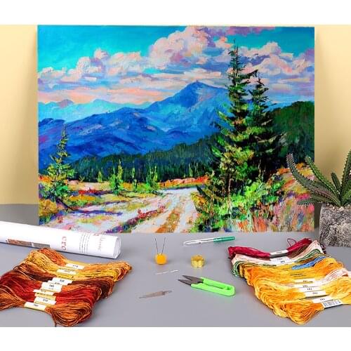 Landscape Mount Popivan Printed Fabric 11CT Cross Stitch Patterns DIY Embroidery DMC Threads Knitting Handmade Gift