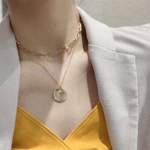 Trendy Vintage Head multilayer Pendant Thick Chain Short Necklace For Women Punk layered Necklace Accessorie Jewelry Female New