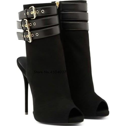 Women black leather open toe ankle boots summer spike heel boots fashion buckle straps high heel boots zippers shoes woman