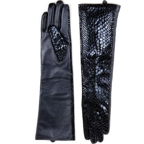 40cm-70cm Womens Ladies Real leather Snake print Leather Black Overlength Party Evening long gloves