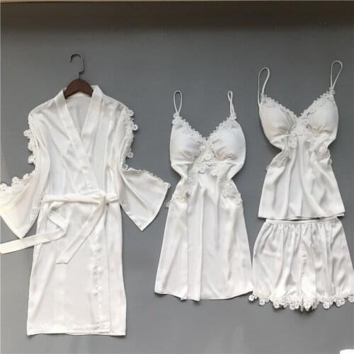 MECHCITIZ 4 Pieces Women Pajamas Sets Satin Sleepwear Silk Nightwear Pyjama Lace Bathrobe Sleep Lounge 2020 Spring Pijama
