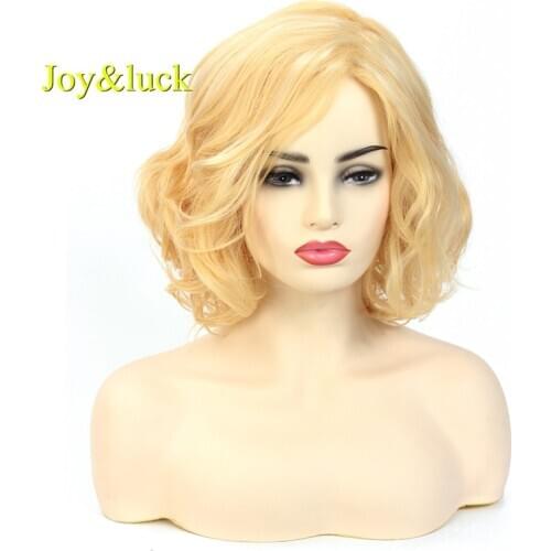 Joy&luck Short Natural Wavy Wig Blonde Yellow Color Synthetic Wigs for Women Cosplay and Party Wig