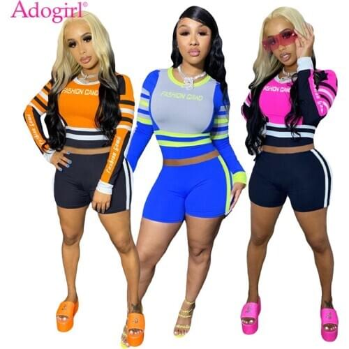 Adogirl Letter Print Color Patchwork Women Two Piece Set Tracksuit Long Sleeve Shirt Crop Top Shorts Jogging Suit Clothing