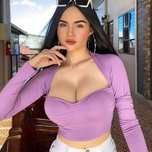 2021 Newest Sexy Crop Tops Pullover for Women Solid V-Neck Long Sleeve Skinny Blouse Casaul Outfits Party Club Streetwear