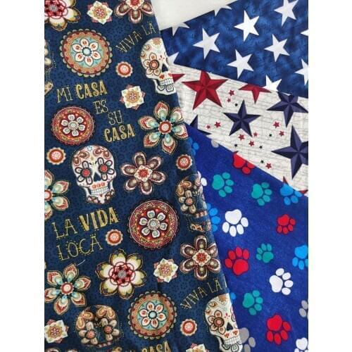 4pcs 30 X 25cm Navy Skull Flora around Silver Star Cute Paw cotton fabric