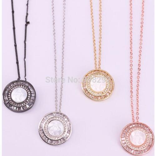 5Pcs Round Shape Copper with Micro Pave CZ MOP Shell Maria Pendant Necklace Jewelry