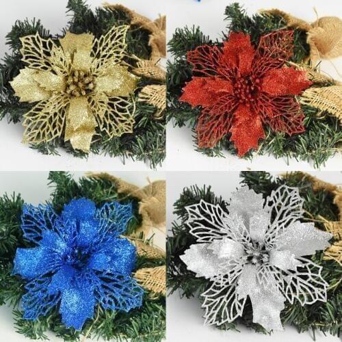 5pcs Christmas Tree Ornament Glitter Artificial Flowers Poinsettia For Happy New Year Xmas Party Home Decor DIY Christmas Wreath