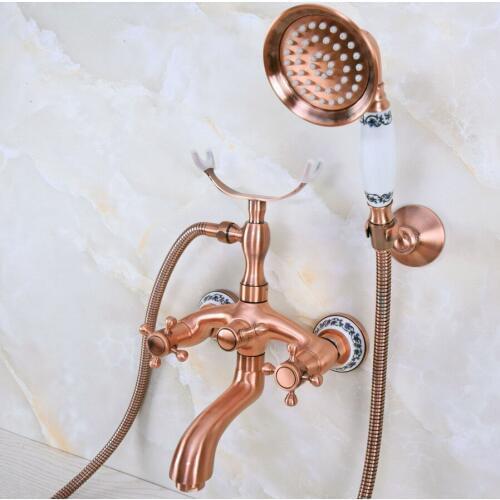 Antique Red Copper Wall Mounted Bathroom Tub Faucet Dual Cross Handles Telephone Style Hand Shower Clawfoot Tub Filler ana373