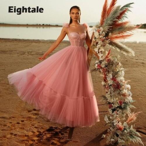 Eightale Shiny Prom Dresses Spaghetti Strap A-Line Ruffled Tea Length Pink Evening Gown Tulle Party Dress for Graduation 2021