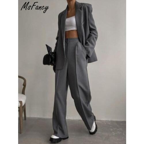 Msfancy Brown Blazer Suits Women 2021 Elegant Double Breasted Jacket High Waist Wide Leg Trouser Female Official Suits