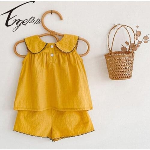 Engepapa Toddler Kids Baby Girls Summer Casual Clothes Sets Short Sleeve Lapel Pure T-shirt Tops+Short Pants Outfit 2Pcs Suit