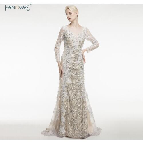 Sexy 2 colors Sequin Lace Mermaid Evening Dresses 2019 Long Sleeves Muslim Formal Prom Dresses Vestido de Fiesta EVD17