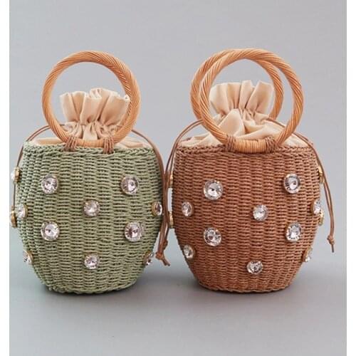 Small Drawstring Straw Tote Bag Handmade Knitting Bucket Handbag With Rhinestone Decor Summer Beach Wrist Purse Organizador