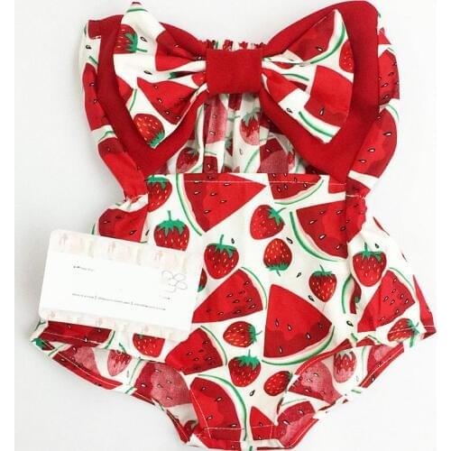 Newborn Infant Baby Girl Lovely Summer Bodysuits Watermelon Print Bowknot Sleeveless Cotton Jumpsuits