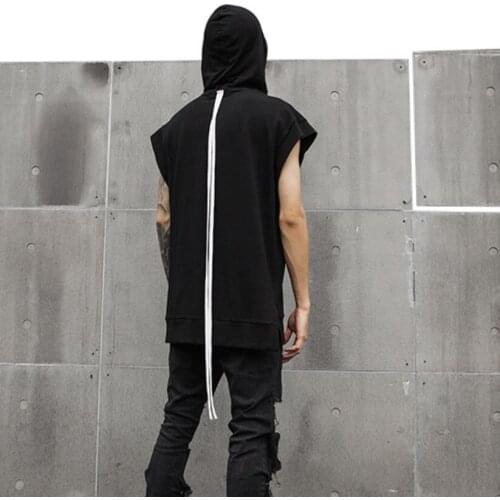 Men spring summer street hip hop punk rock sleeveless jacket hooded vest mens white ribbons patchwork vintage hoodie
