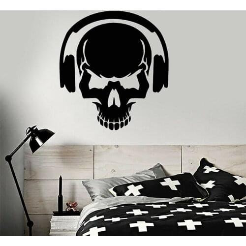 Skull Bone Wall Decal Music Lover Headphones Door Window Vinyl Stickers Teens Bedroom Man Cave Bar Interior Decor Wallpaper E594