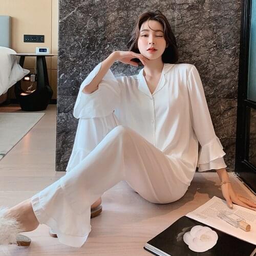 2021 New Pajamas Sets Sweet Women Silky Satin Sleepwear Pagoda Sleeve Luxury Cardigan Sleepwear Long-sleeved Trousers Nightwear
