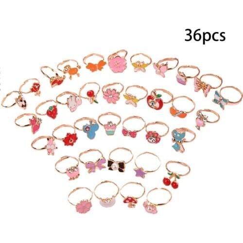 OOTDTY 36 Pcs/set Cartoon Children Rings Flower Animal Adjustable Alloy Kids Ring Girls Birthday Party Gifts
