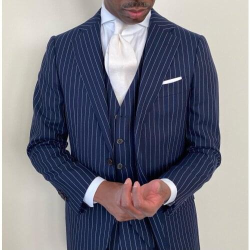 Jacket+Pants+Vest) England Style Pinstripe 3 Piece Groom Tuexdos For Wedding Formal Prom Suit Party Evening Blazer Custom Made