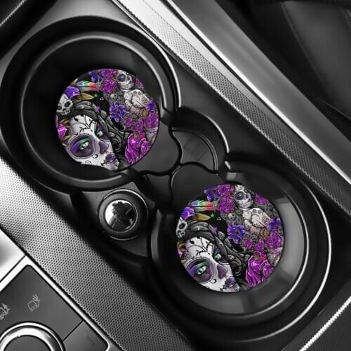 INSTANTARTS Day of the Dead Sugar Skull Prints Set of 2 Drink Cup Mat for Car Anit-dirt Car Cup Holder Coasters Drink Cup Mat
